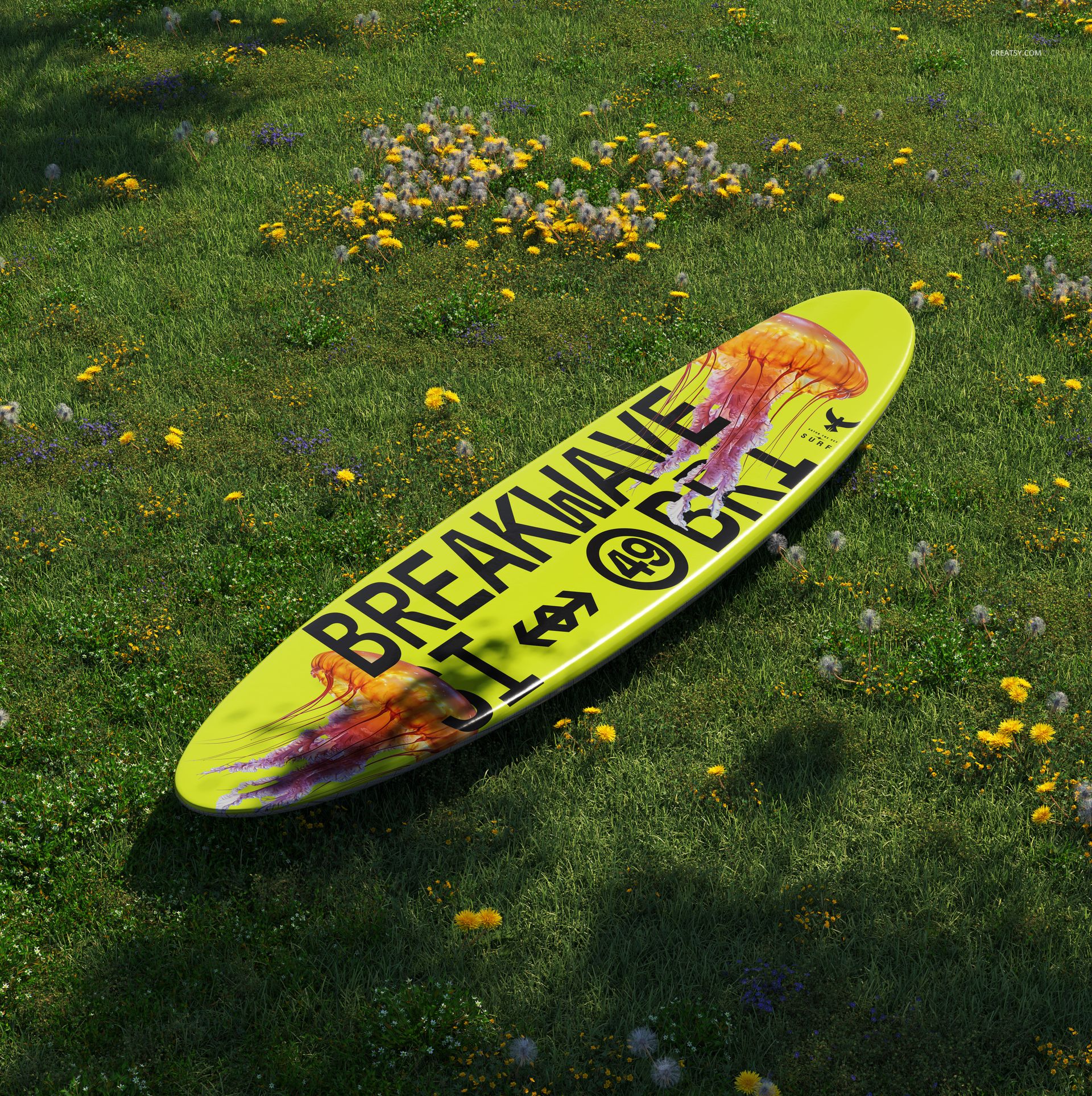 Surfboard longboard mockup featuring a vibrant yellow board with graphic text, placed on a grassy field.