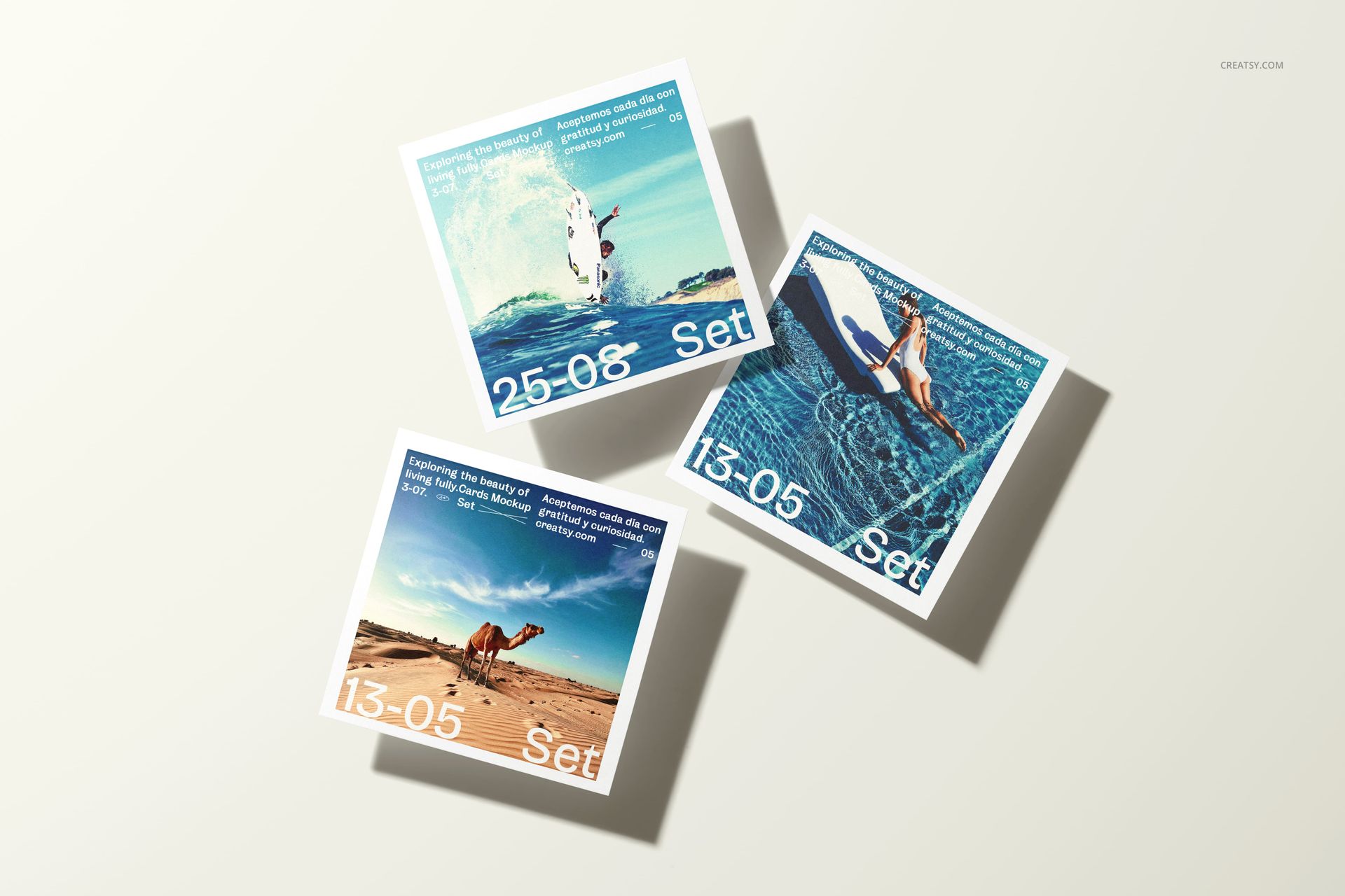 PSD mockup showing three custom square photo prints with summer and water themes, viewed from a top angle.