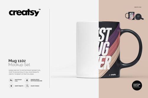 PSD mockup of an 11oz mug shown from the side, half in plain white and half with a bold, curved stripe design.