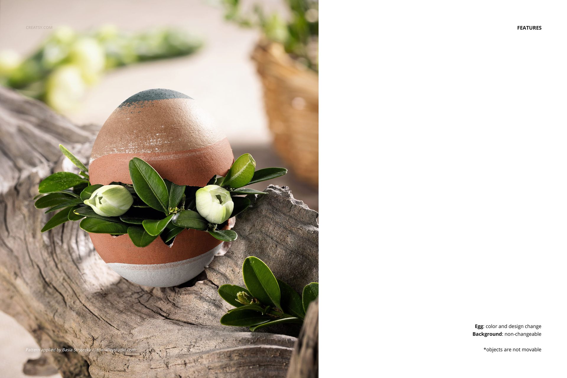 Retro style Easter egg mockup featuring a large egg with earthy tones, decorated with green leaves and white flowers, placed on a rustic wooden surface.