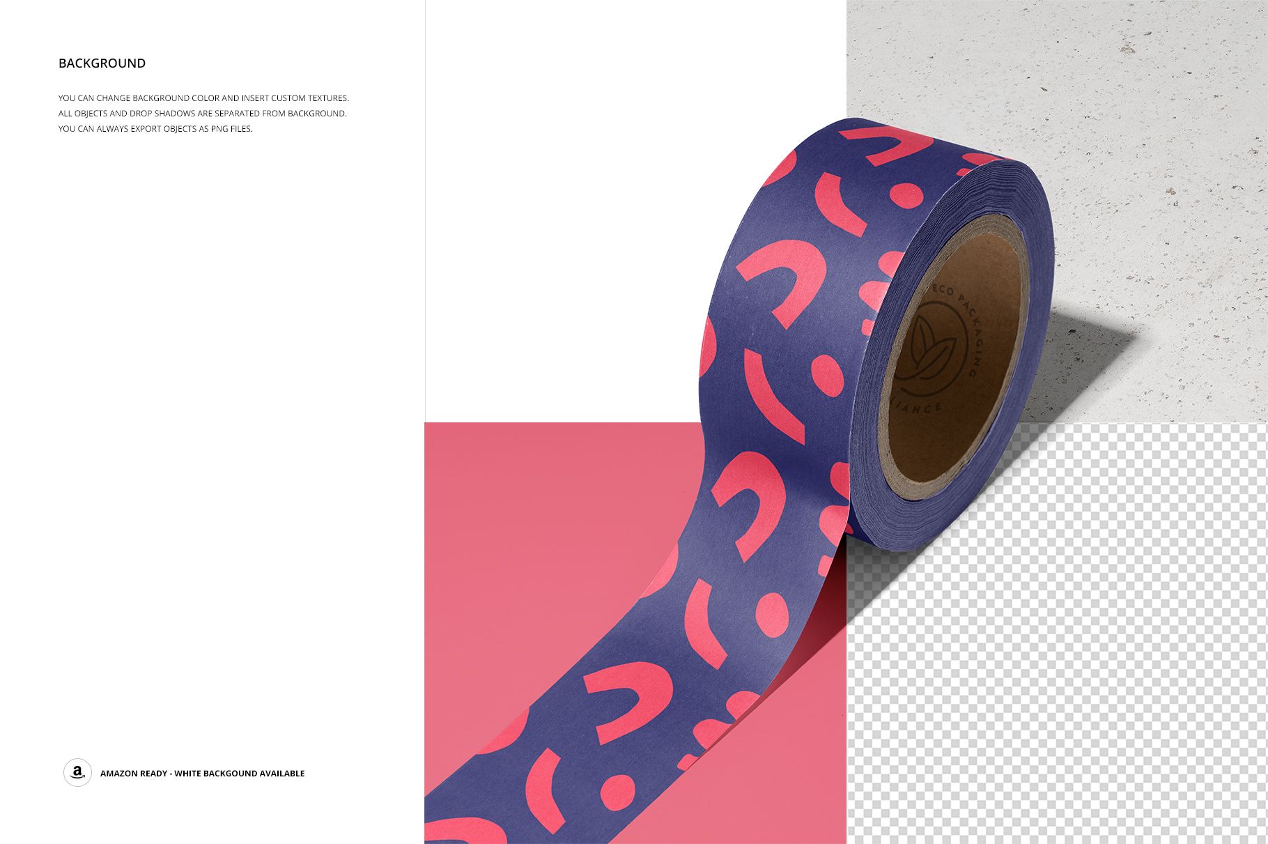 Noissue packing tape mockup featuring a blue roll with pink shapes, displayed at an angle on a textured background.