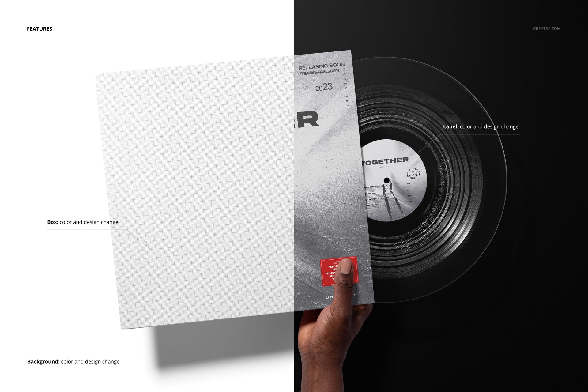 PSD mockup featuring a clear vinyl record and an album cover, divided into white and black backgrounds with visible features.