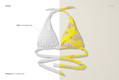 High waisted bikini top mockup shown in split view, with left side in white grid pattern and right side in yellow fish print.