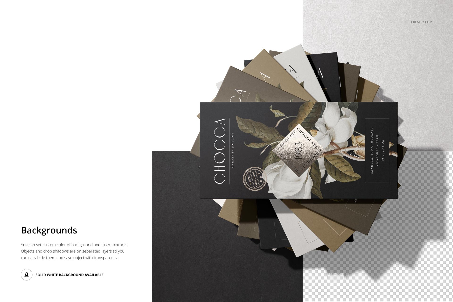 Chocolate bar packaging mockup set displayed in layered arrangement, showing various wrapper designs and textures.