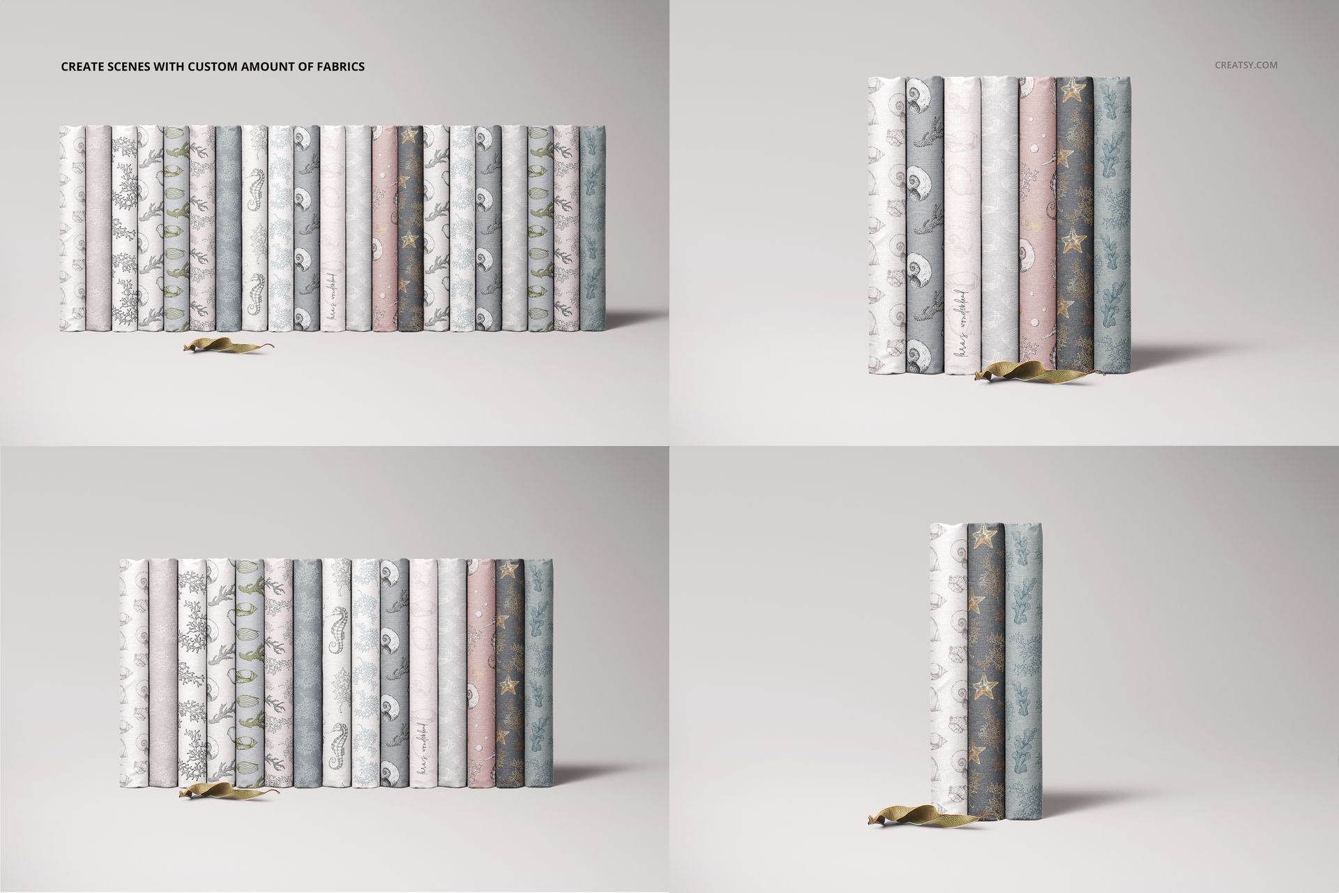 PSD mockup of upright folded fabrics in gentle colors and patterns, presented in four different perspectives on a plain surface.