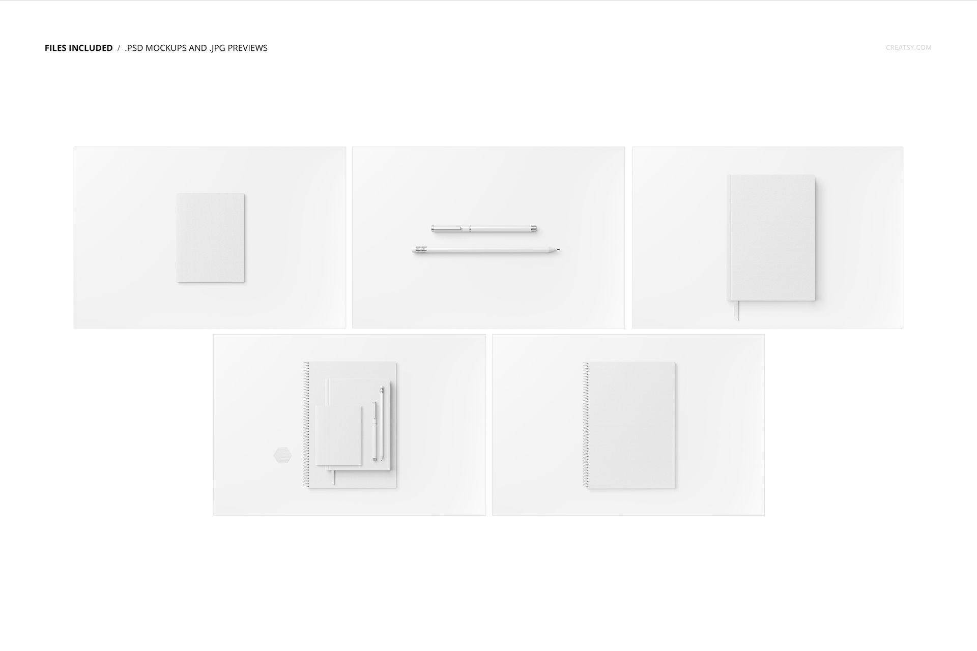 Stationery set with blank notebooks, pens, and paper arranged on a white surface, shown in a top view mockup.