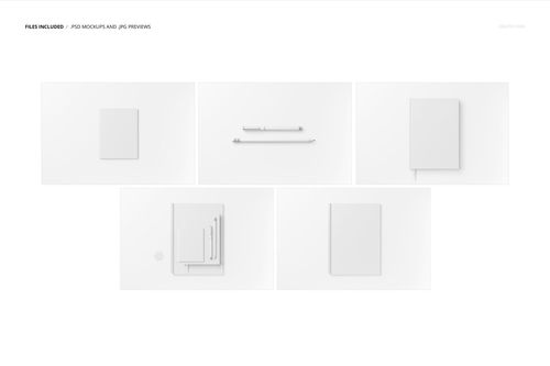 Stationery set with blank notebooks, pens, and paper arranged on a white surface, shown in a top view mockup.