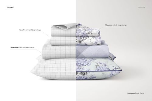 Front view of layered pillowcases and blankets with braid pillow, displaying editable designs in a PSD mockup scene.