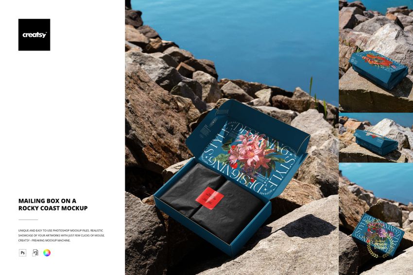 Mailing Box on a Rocky Coast Mockup Set - mockup screenshot 1
