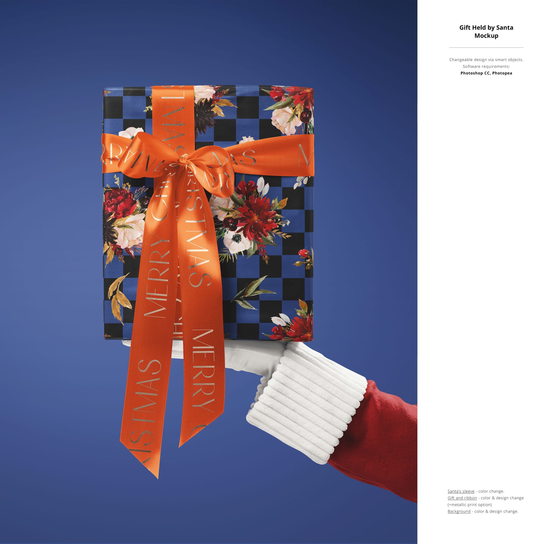PSD mockup showing a holiday gift box with vibrant orange ribbon, floral details, and blue checkered wrapping, held by Santa's hand.