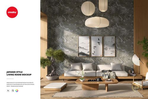 Modern Japandi style living room with neutral tones, wooden furniture, and paper lanterns, front view mockup.