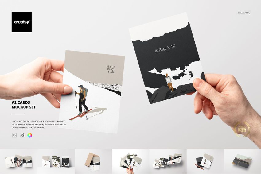 A2 card mockup set showing two square cards with outdoor illustrations, displayed from a front perspective.