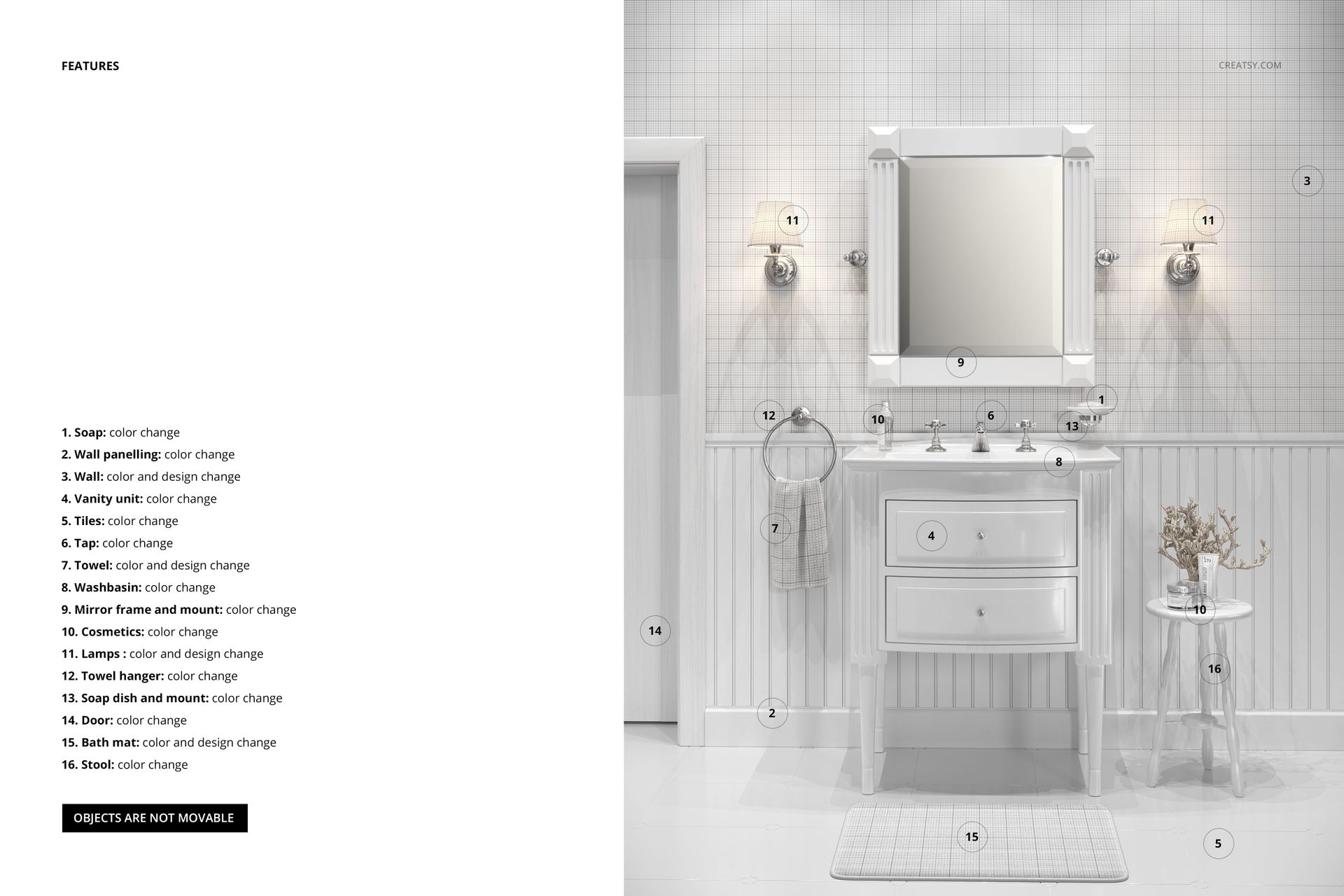 Front view of a neo-classical bathroom with white wallpaper mockup, featuring a sink, mirror, and wall sconces.