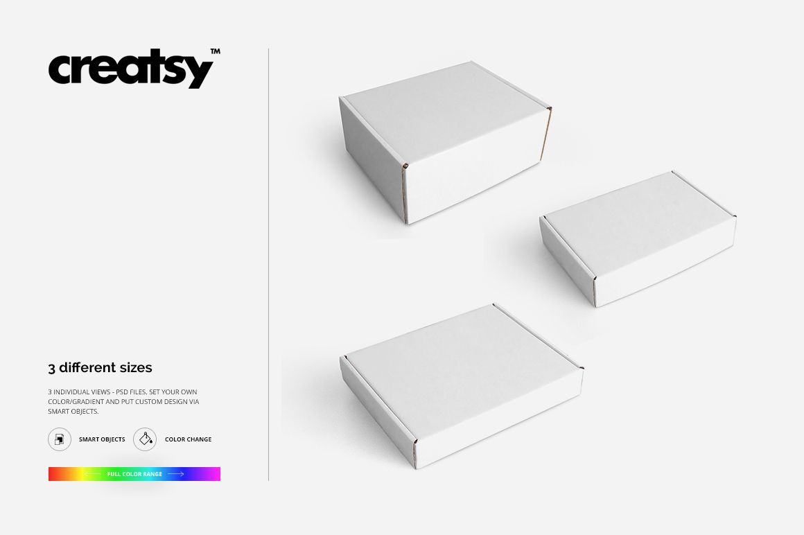 PSD mockup featuring three rectangular packaging boxes in white, viewed from above at a slight angle on a clean surface.
