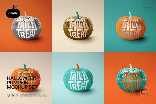 PSD mockup featuring six Halloween pumpkins in different colors and patterns, each with festive lettering on the front.