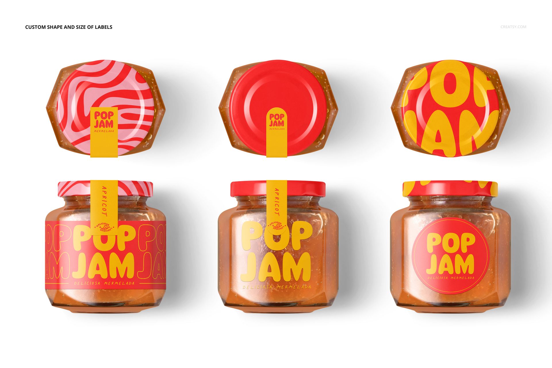Apricot jam jar mockup set showing three jars with vibrant red and yellow patterned lids and matching front labels.