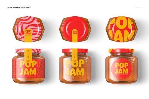 Apricot jam jar mockup set showing three jars with vibrant red and yellow patterned lids and matching front labels.