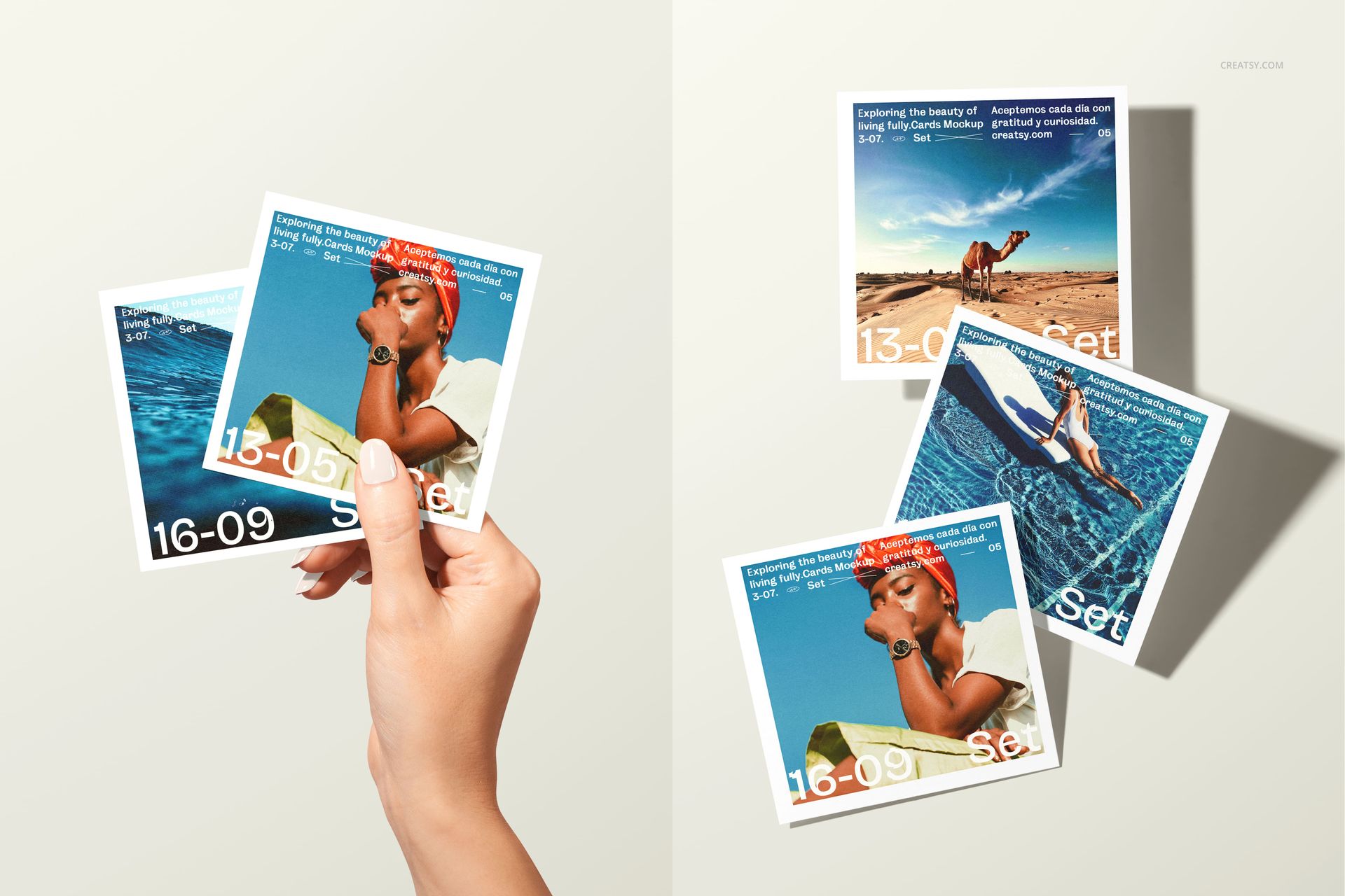 Set of square photo prints featuring travel and water scenes, displayed flat and held in hand, PSD mockup style.