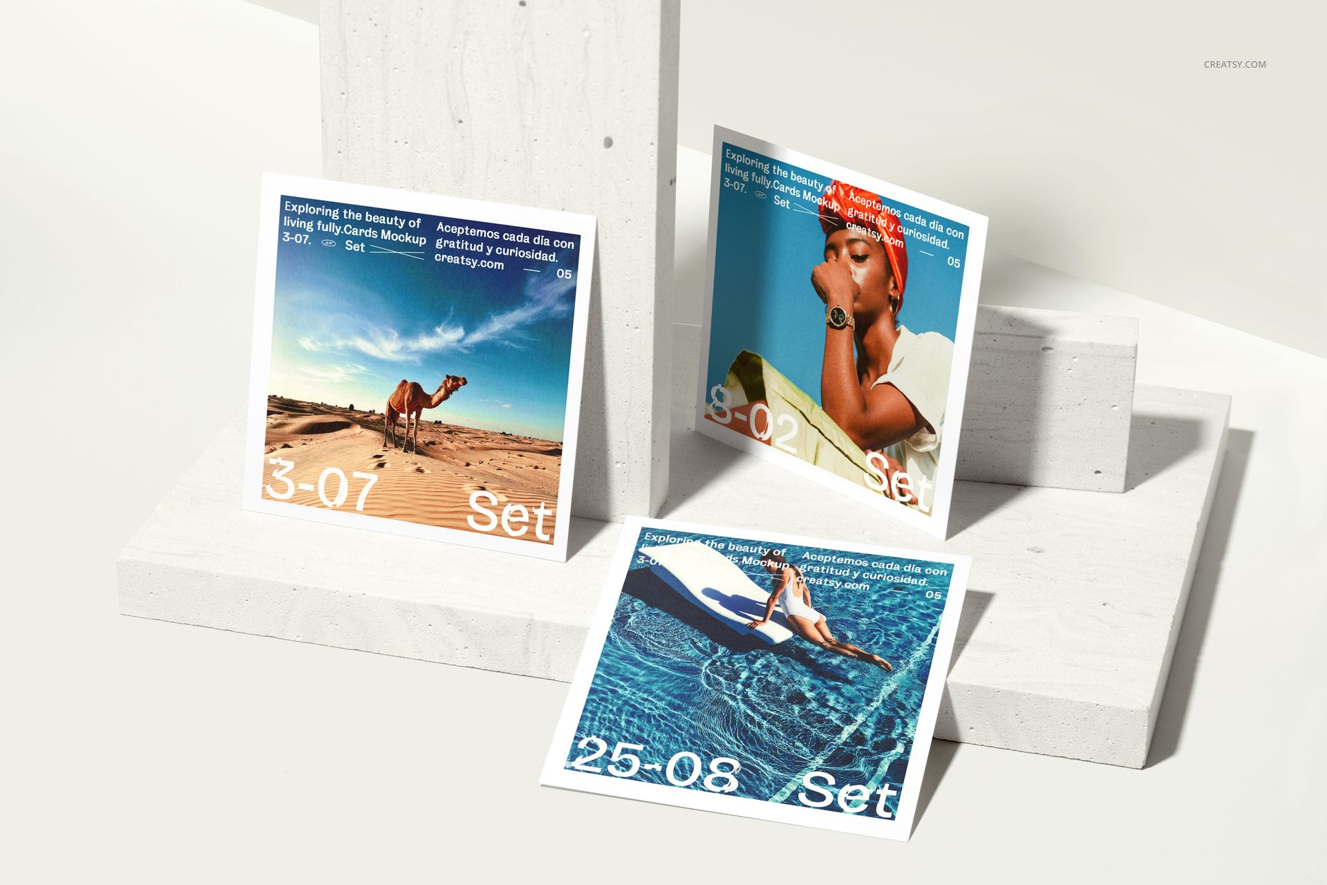Square photo prints mockup with vibrant images and date text, shown from a front angle on a minimalist white background.
