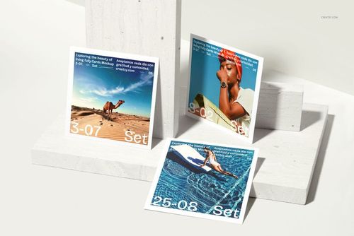 Square photo prints mockup with vibrant images and date text, shown from a front angle on a minimalist white background.