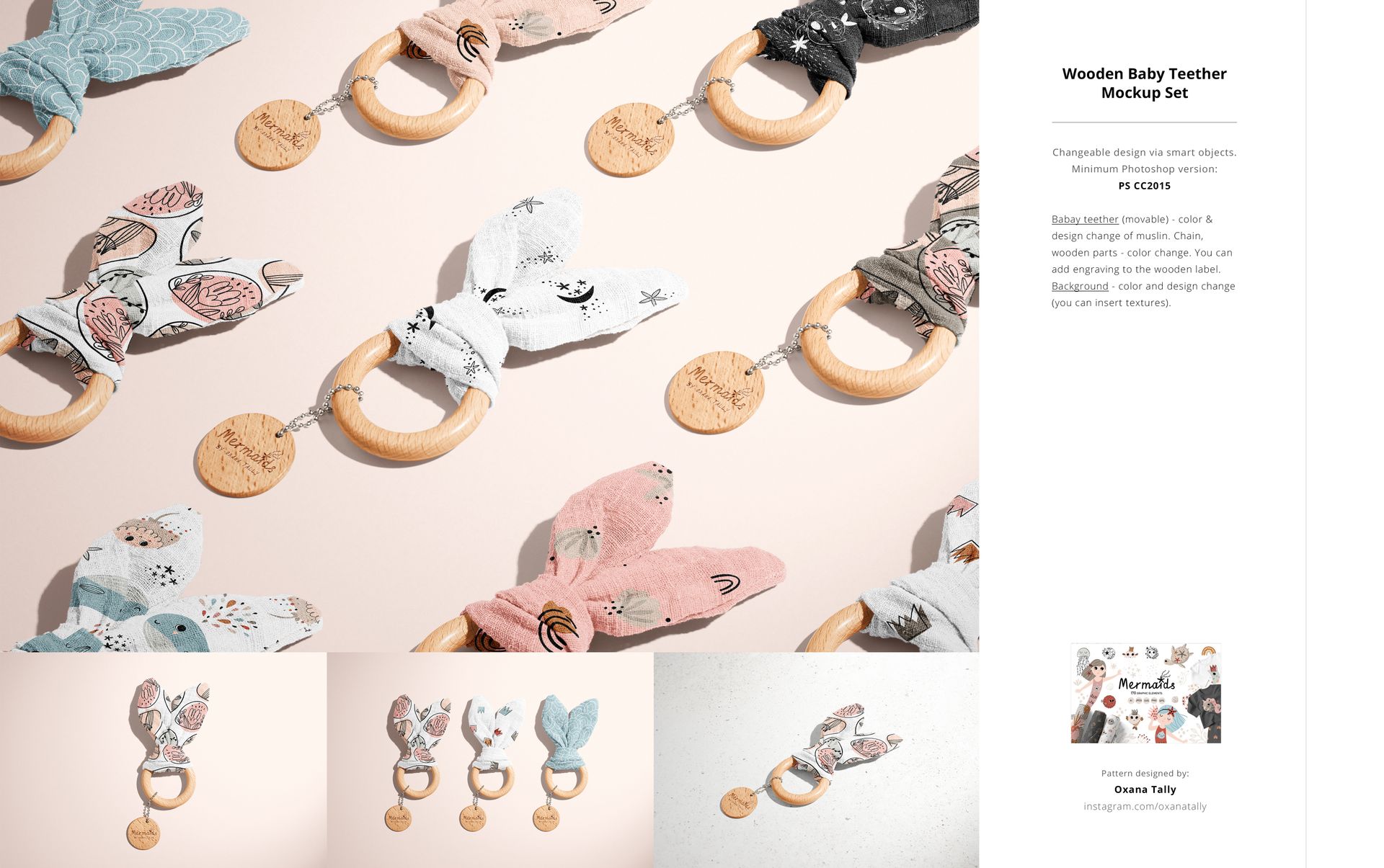 Assorted wooden baby teether mockups featuring soft fabric bunny ears in pink, gray, and patterned styles.
