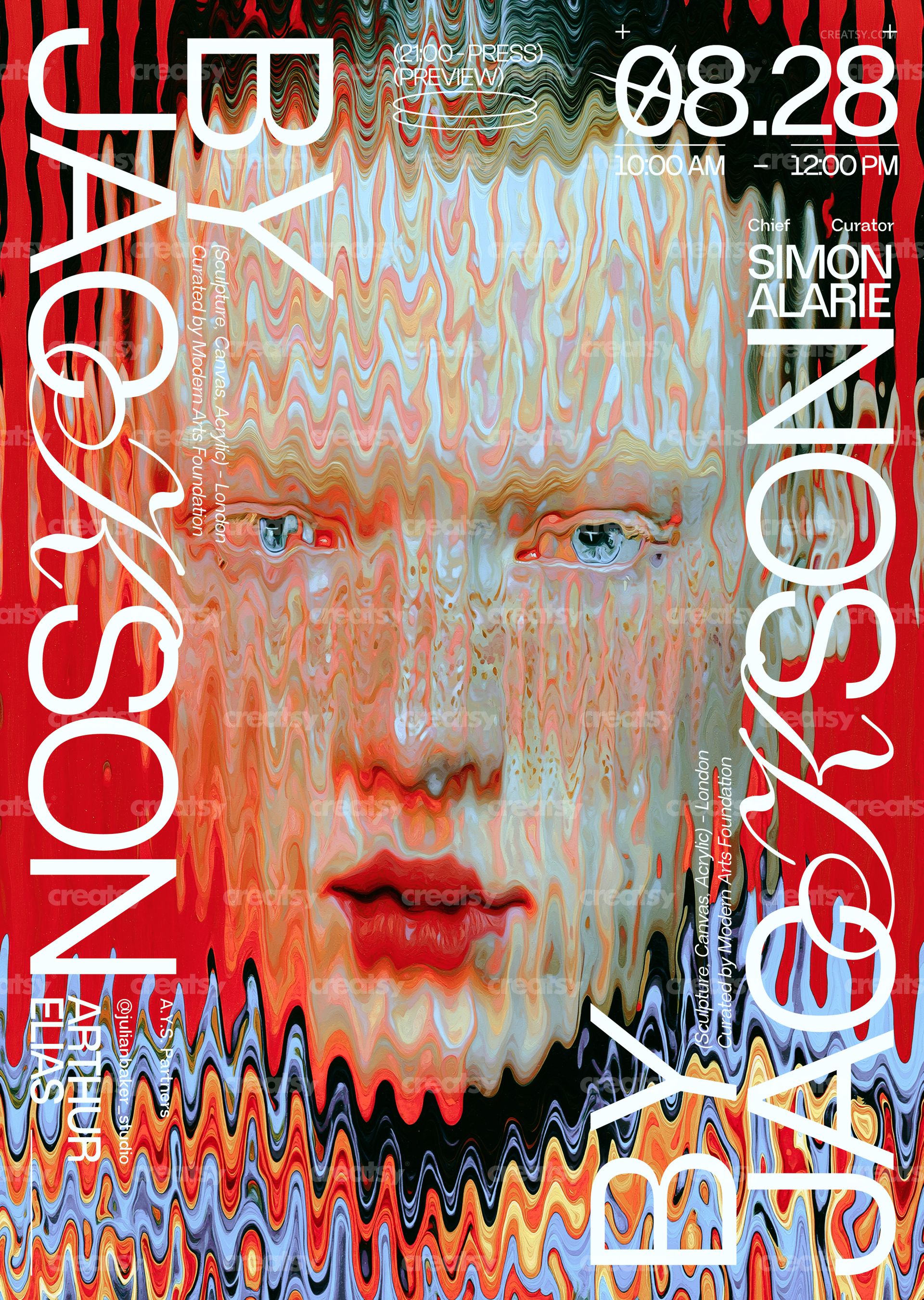 PSD mockup of a poster displaying an abstract portrait with melting effects and bold text overlays in white.