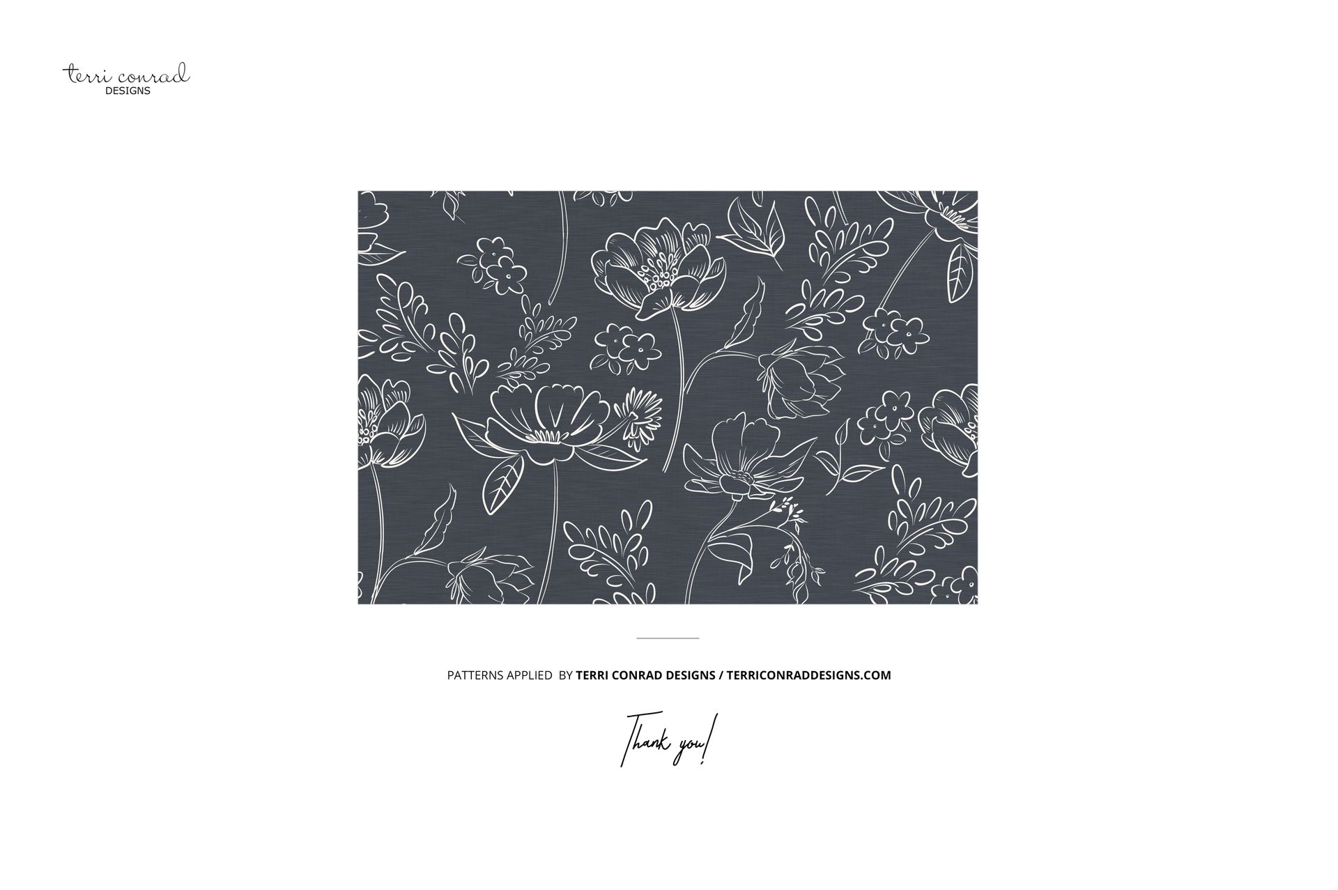 PSD mockup showing a rectangular fabric piece with delicate white botanical outlines on a muted dark gray surface.