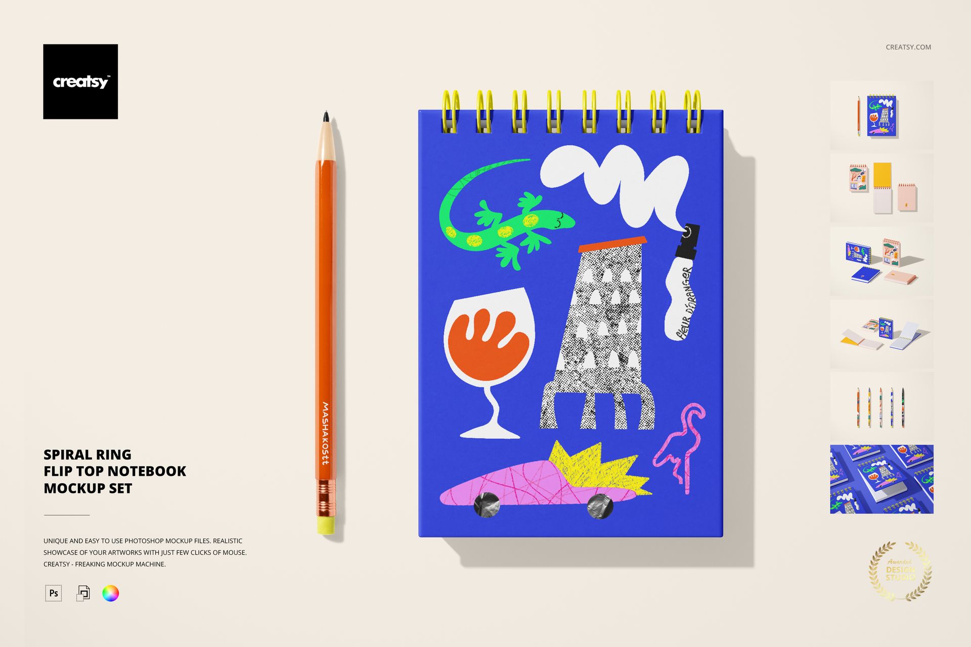 A6 spiral ring flip top notebook mockup with a blue cover featuring colorful abstract shapes, shown from above.