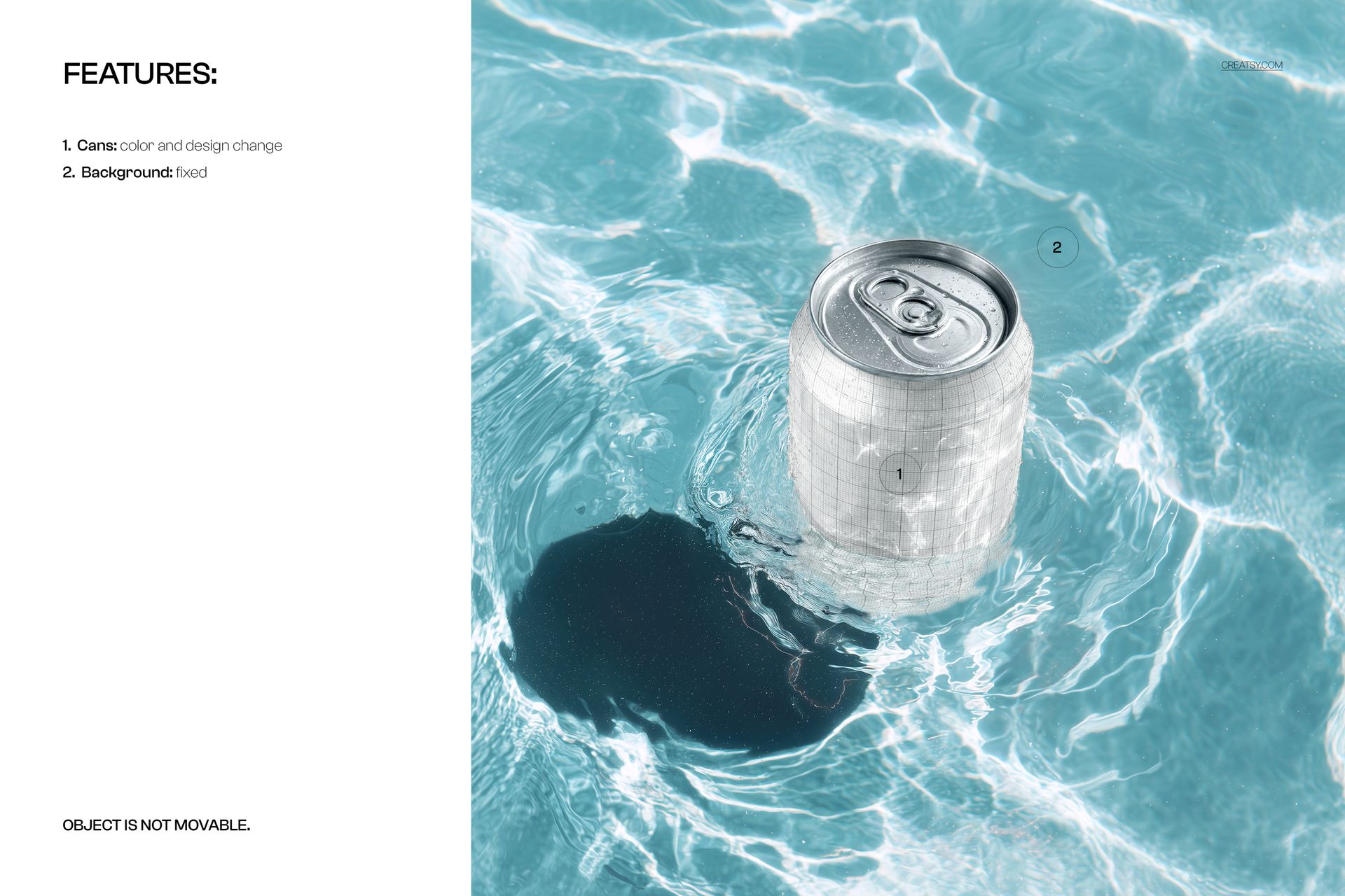 High angle view of a silver soda can floating in clear blue water, shown in a PSD mockup scene.