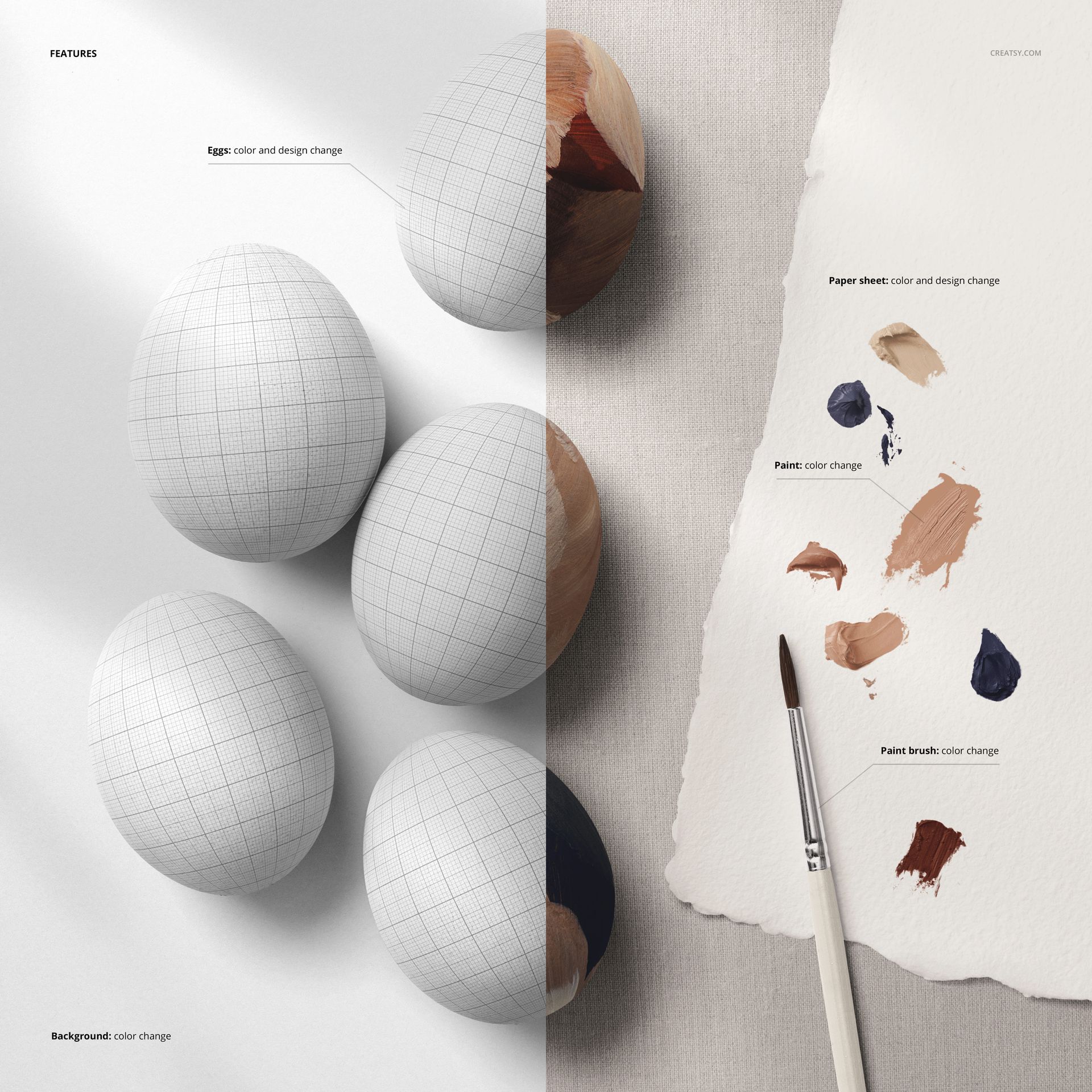 PSD mockup showing Easter eggs, paintbrush, and paper sheet, split between grayscale grid and colored painting scene.
