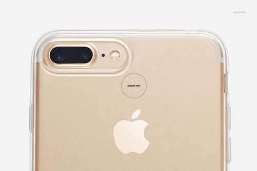 PSD mockup featuring a clear protective case on an iPhone 7 Plus, focusing on the rear cameras and metallic finish.