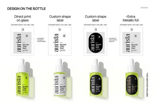 PSD mockup of three cosmetic serum bottles with varied label styles, arranged on white blocks in a minimalist setting.