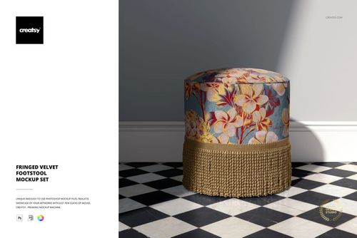 Fringed velvet footstool mockup featuring a colorful flower design and gold fringe, placed on a tiled floor.