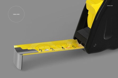 Close-up of a tape measure mockup with a yellow measuring tape pulled out from a black and yellow housing.