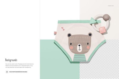 Toddler training pants mockup with a bear illustration, mint green trim, and a teething toy on a light background.