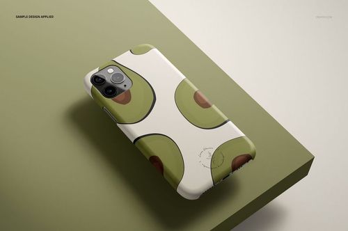Matte snap case for iPhone 11 Pro featuring rounded green and brown shapes, shown in a PSD mockup on a green platform.