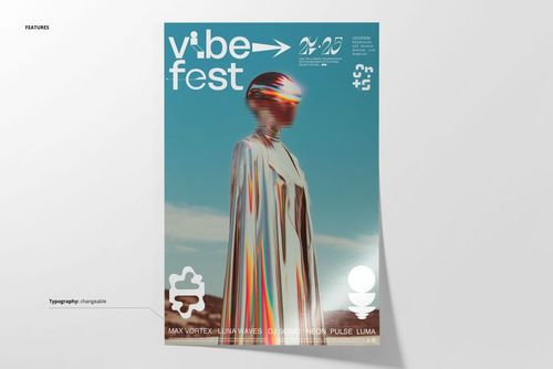 Poster mockup displaying a person in a shiny, metallic cloak with abstract patterns and festival-themed text elements.