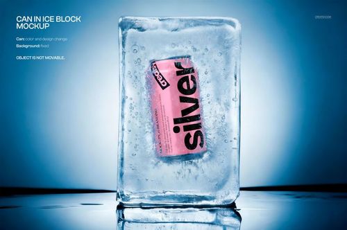 PSD mockup showing a pink can frozen within a rectangular ice block, illuminated by cool blue tones.