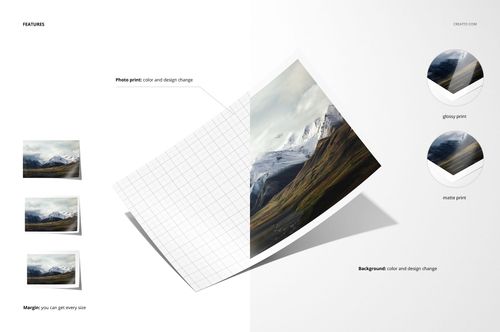 Glossy and matte photo print mockup showing a landscape image with snowy mountains and green hills, angled view.
