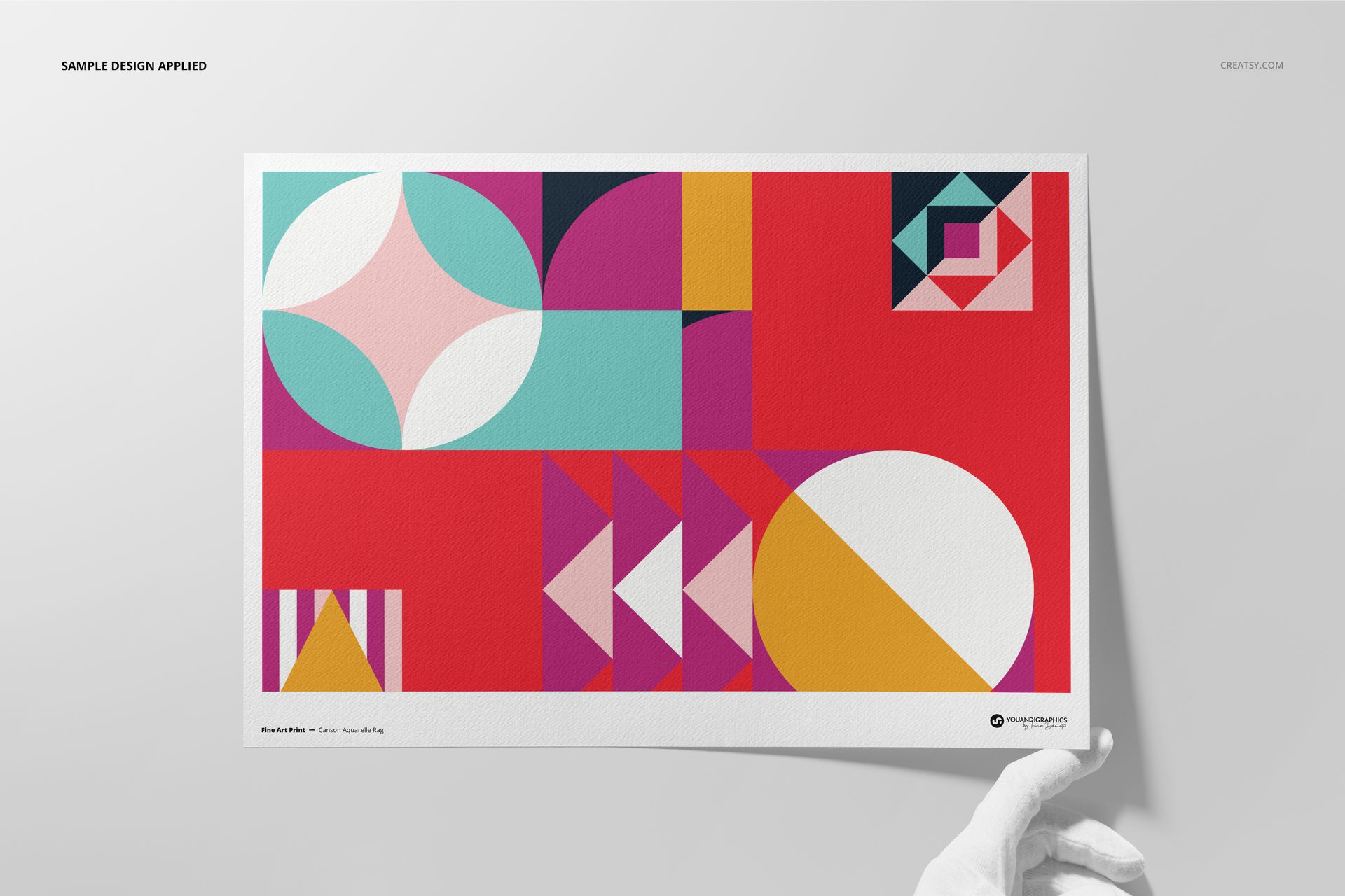 A3 art print mockup featuring bold geometric shapes in vibrant colors, displayed against a light background.
