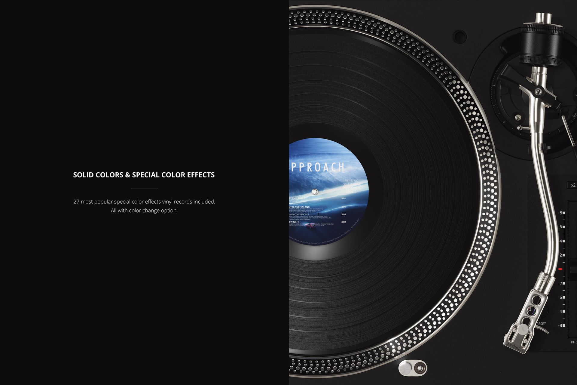 Top view of a vinyl record on a black turntable with a blue and white label, shown in a PSD mockup scene.