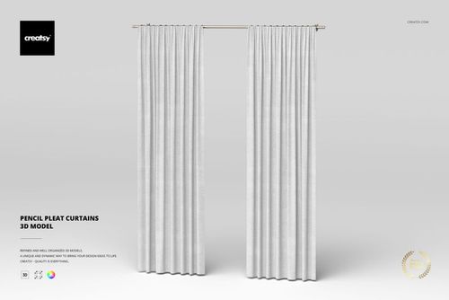 Front view of white pencil pleat curtains hanging straight with soft folds, displayed against a plain light background.