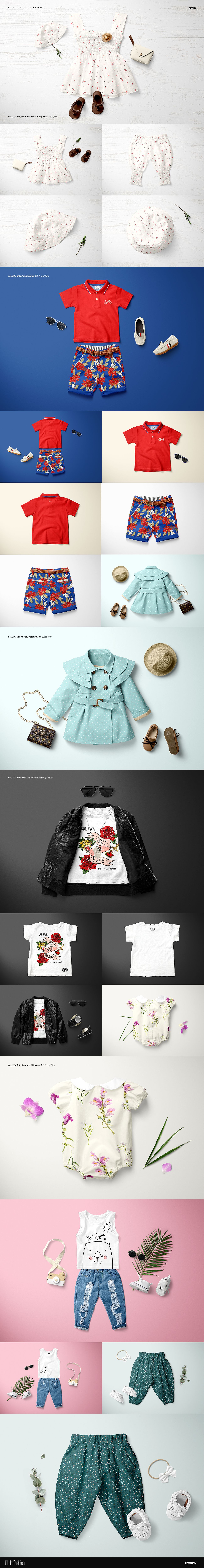Kids apparel mockup bundle featuring various outfits arranged flat lay style, including shirts, pants, shoes, and props.