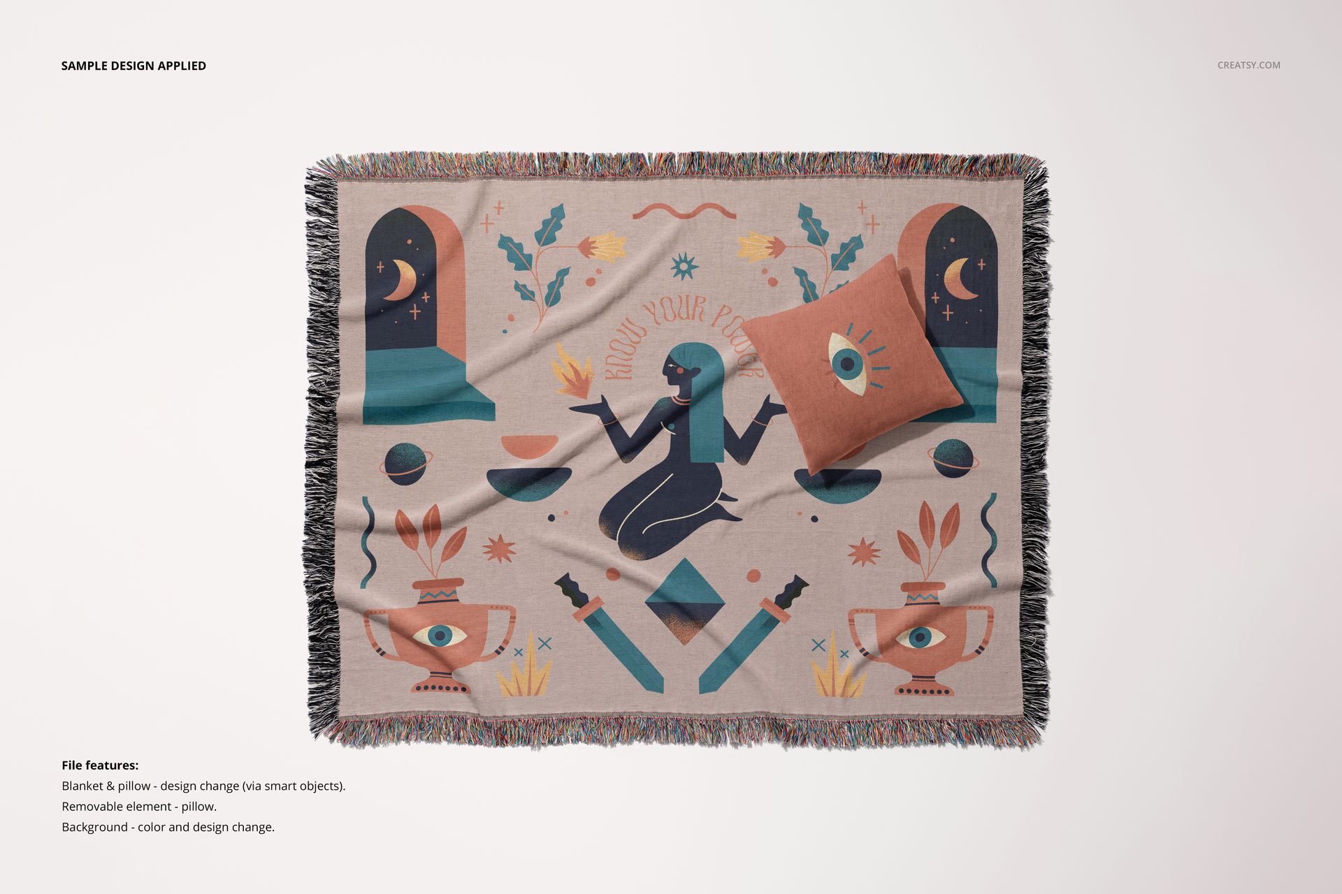 Jacquard throw blanket mockup featuring fringed edges and geometric design, shown from a top view with a pillow.