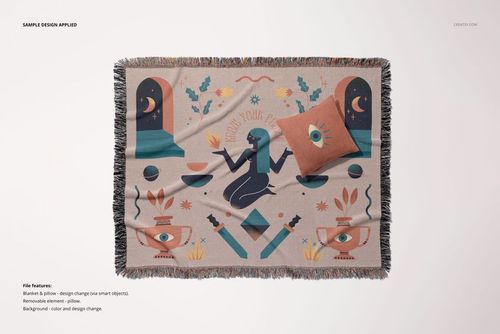 Jacquard throw blanket mockup featuring fringed edges and geometric design, shown from a top view with a pillow.