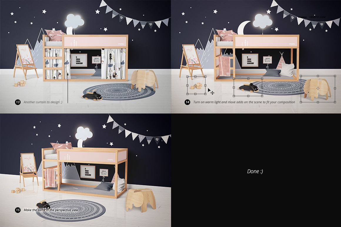 Kids bedroom featuring a wooden bunk bed, navy wall with moon and star decor, rug, and playful props in a mockup scene.