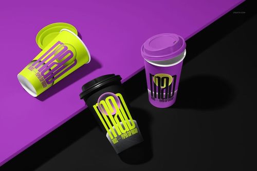 Three paper cups with colorful lids and straws are displayed on a split purple and black surface in a front view mockup.