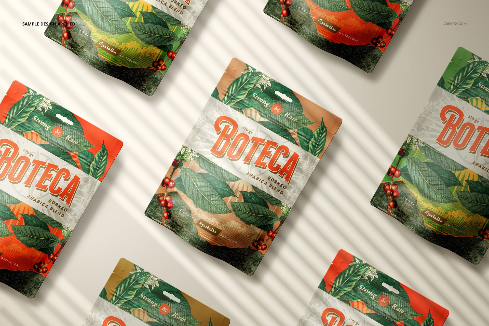 PSD mockup of doypack bag pouches with green and orange leaf motifs, shown from above on a neutral background with light stripes.
