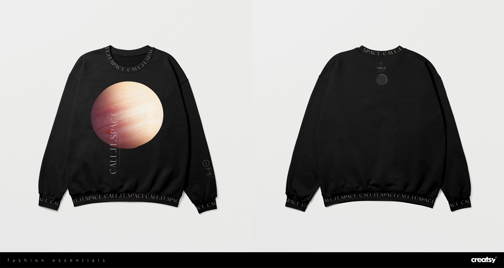 Black crewneck sweatshirt mockup displayed on a plain background, featuring a space-themed planet design on the front.