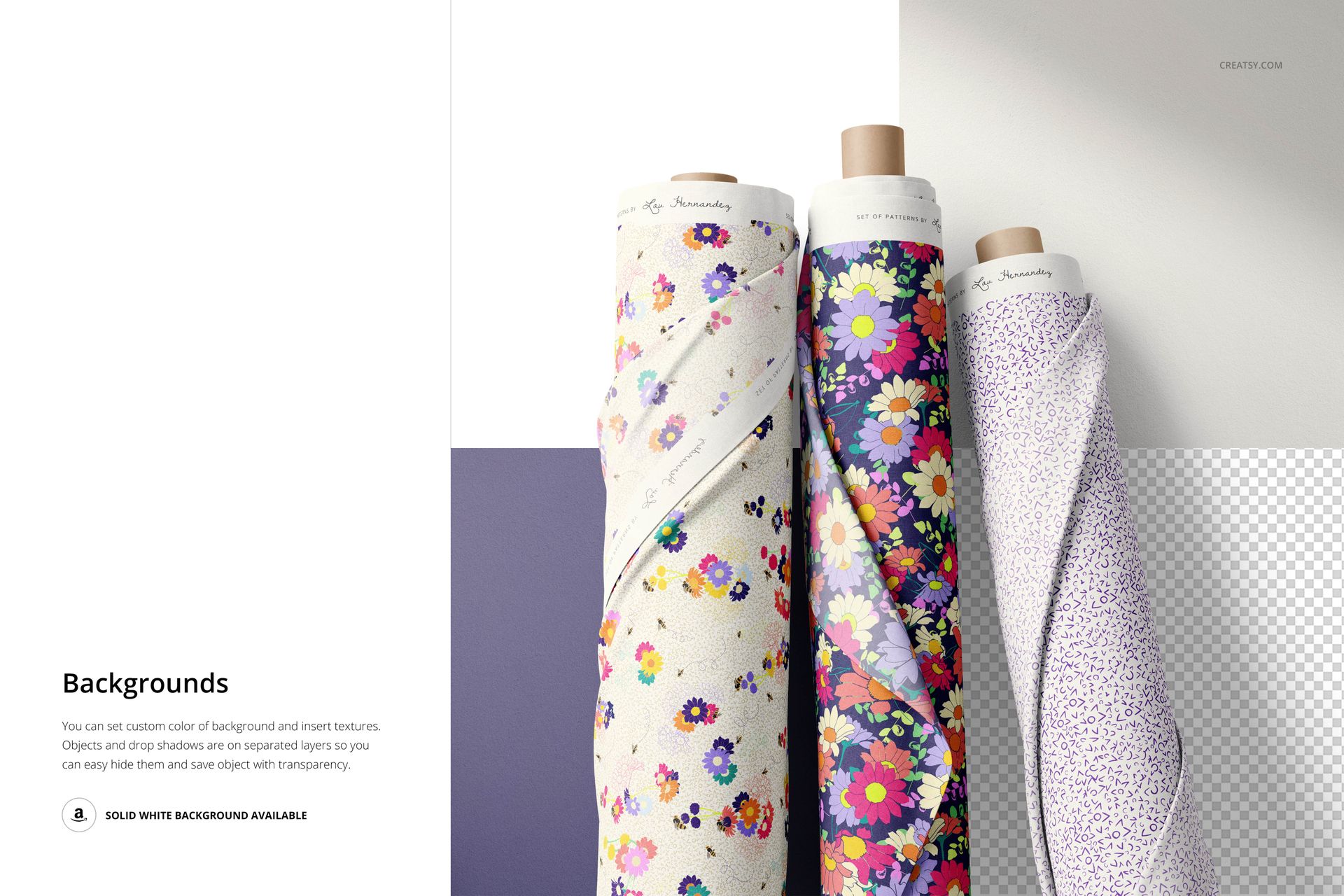 Front view of three patterned fabric rolls, featuring vibrant flowers and dots, shown in a realistic PSD mockup scene.